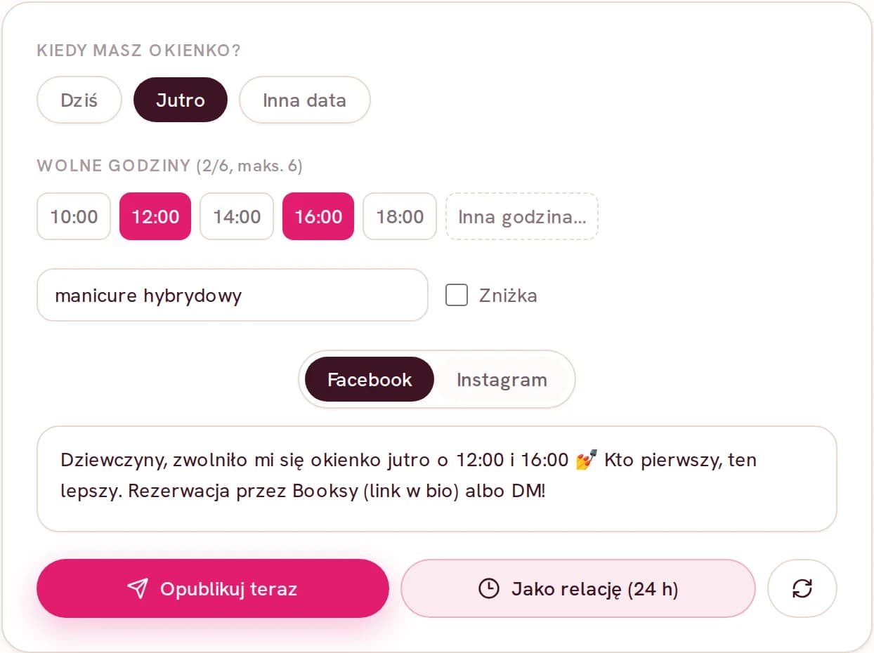 Pstriq w trybie Wolne okienka: zaznaczone jutro, godziny 12:00 i 16:00, usługa manicure hybrydowy, gotowe ogłoszenie last-minute i przyciski „Opublikuj teraz” oraz „Jako relację (24 h)”